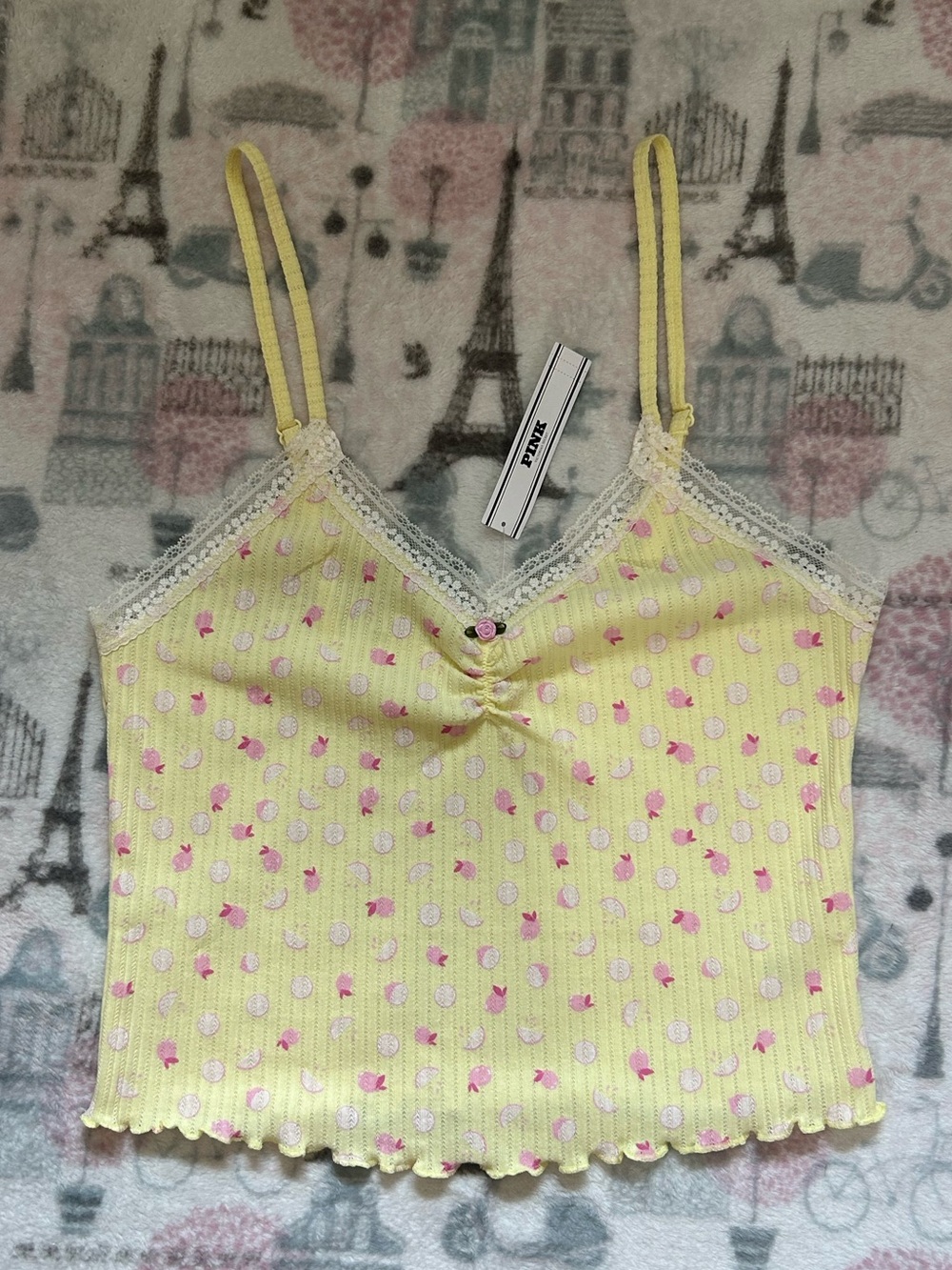 VS Pink Yellow Fruit Patterned Cami with Lace Trim